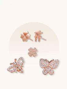 Folli Follie 5pcs Rose Gold-Tone Butterfly Stud Earrings For Women Stainless Steel Zirconia Earrings Butterfly /Heart-Shaped/Clover Earring Jewelry Set Creative Gift For Women