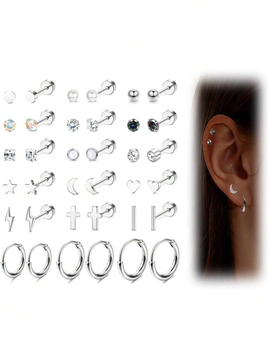 Milacolato 18 Pairs Flat Back Earrings Tiny Cartilage Lobe Stud Earrings Set For Women Men 316L Stainless Steel 20G Cartilage Helix Studs Earrings Moon Star Heart CZ Geometric Piercing Jewelry - 銀色 - 查看 1