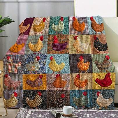1pc Patchwork Colorful Chick Print Blanket, Warm Soft Cozy Throw Blanket Suitable For Sofa, Bed, Car, Office, Camping, Travel, All Season Gift