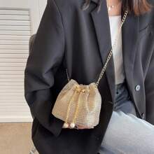 Crossbody Bag With Chain For Women, Shiny Rhinestone Satchel Bag, Solid Color, Drawstring, Shiny, For Dinner And Party