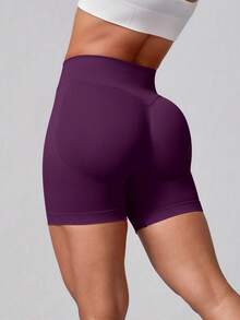 NcmRyu 1pc Women's Solid Color Short Fitted Tight Workout Shorts - Bold Plum - View 4