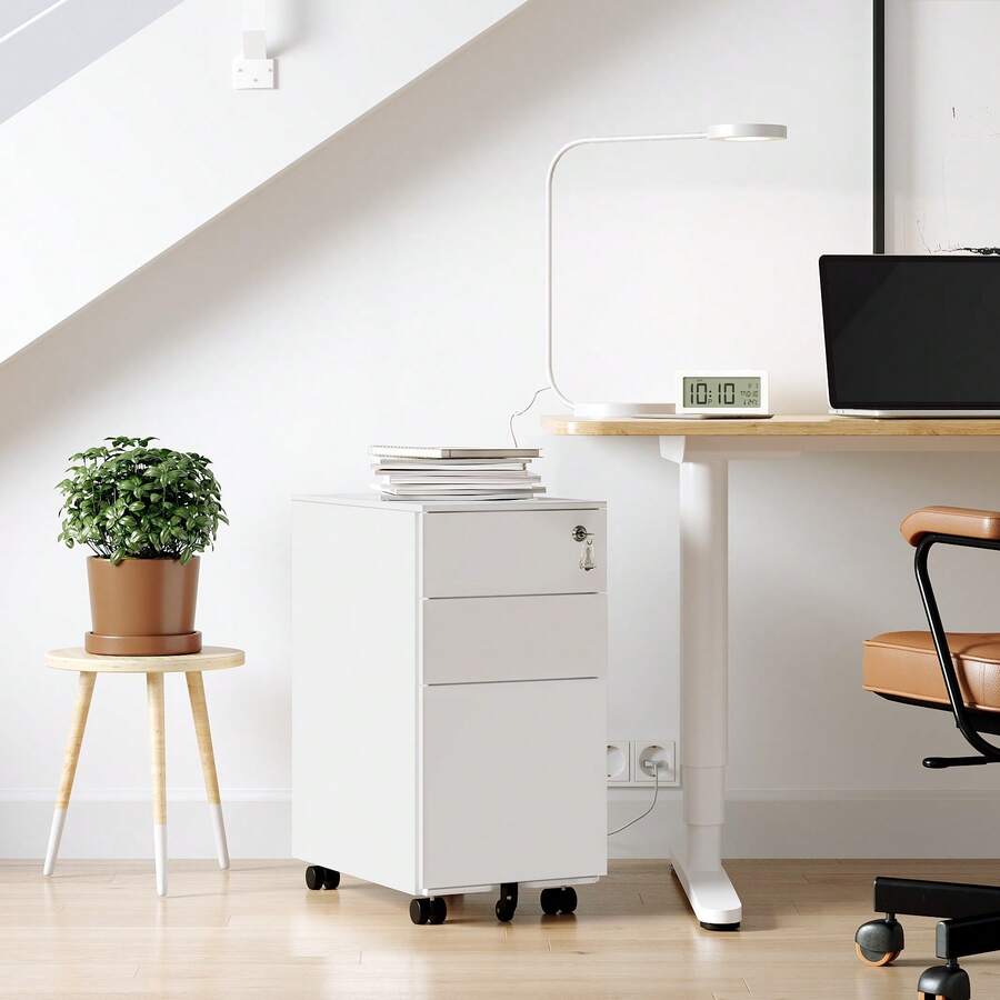 Caisson de Bureau Metal, Caisson de Rangement Mobile, avec roulettes et Serrure, pour Documents et Dossier Suspendu, avec 3 tiroirs, 30 x 45 x 60/39 x 52 x 60 cm Blanc - Blanc - Voir 1