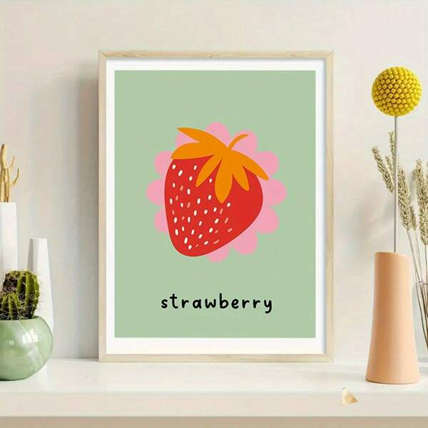 1 Piece - Canvas Strawberry Wall Painting Poster - Waterproof, Light Resistant, Antioxidant, Medieval Modern Summer Fruit Decoration, Upgraded Roll Packaging, Bright Red And Mint Green Design For Home, Kitchen, Living Room, Strawberry Decoration, Kitchen Artwork, Waterproof Artwork, - Frameless