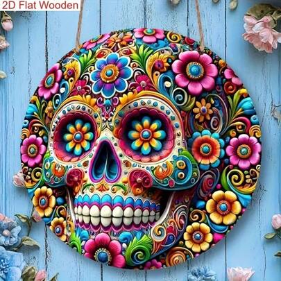 TYFYO 1pc Vibrant Skull Sugar Skeleton Wooden Sign - Halloween Yard Decor Circular Wooden Sign, Colorful Floral Design, Classic Home Decor Accent, No Power Needed, No Feathers, Holiday Wall Art | Skull Decor | Handcraft, Skeleton Home Decor