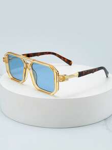 1pc Unisex Retro Square Double Bridge Aviator Frame Glasses, Stylish & Chic, Suitable For Travel, Casual, Party, Daily Use - Yellow Frame Blue Film - View 2