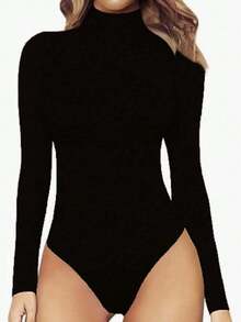 Cuello alto Manga larga Body negro Slim Tight Fit Color sólido Basic Versátil - Negro - Ver 7