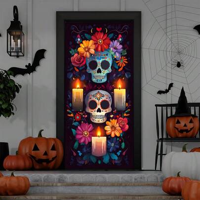 1 件骷髅万圣节门饰 - 涤纶材质，骷髅头和蜡烛，营造诡异氛围，35.4 英寸 * 70.8 英寸，适用于卧室、客厅、浴室、厨房门、窗户装饰。适用于家居、办公室、浴室派对、万圣节装饰、节日派对装饰，耐用派对装饰