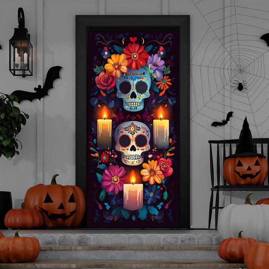 1 件骷髅万圣节门饰 - 涤纶材质，骷髅头和蜡烛，营造诡异氛围，35.4 英寸 * 70.8 英寸，适用于卧室、客厅、浴室、厨房门、窗户装饰。适用于家居、办公室、浴室派对、万圣节装饰、节日派对装饰，耐用派对装饰 - 彩色 - 查看 1