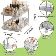 2 Tier Clear Pull-Out Home Organizer, Multi-Purpose Stackable Bathroom Organizer With Dividers, Vanity Counter Tray, Kitchen, Closet Organizers, Cabinet & Storage Container Bins, MultiUse Slide-Out Storage Container