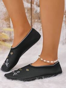 Women's Autumn/Winter Indoor Slippers, Cute Cat Print House Non-Slip Socks - Black - View 5