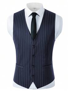 3PCS Stripe Mens Suit Formal Business Wedding Prom Suit Pinstripe Male Groom Tuxedo, Solid Color, Blazer+Vest+Pant, Modern Fit Wedding Party Dinner Formal, Long Sleeves, Machine Washable - 藏蓝色 - 查看 4