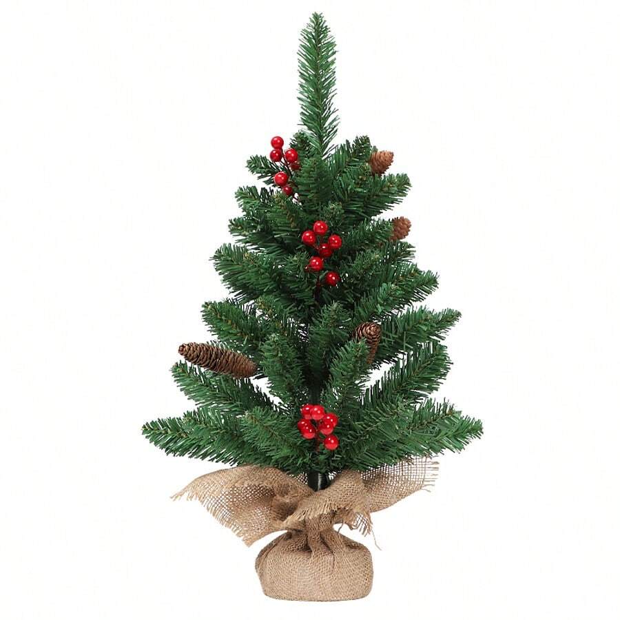 1 pieza Árbol de Navidad mini de 60cm, colocación sobre mesa, decoración de bayas rojas y piñas, base de cemento y envoltura de arpillera, material PVC realista, estilo retro natural, forma cónica, resistente, adecuado para Navidad en el hogar, sala de estar, escritorio de oficina y decoración navideña del hogar, decoración de habitación, decoración de invierno