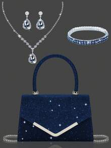 闪亮、优雅、时尚、迷人的水钻翻盖手提包,精致的女士晚宴包,搭配闪光水钻首饰三件套,奢华精致的水钻项链、手链和耳环,搭配婚纱、派对礼服、毕业礼服,适合女士派对、婚礼、晚宴、宴会晚宴包。 - 藏蓝色 - 查看 11