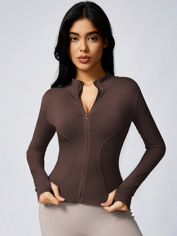 1pc Women's Solid Color Thumb Hole Long Sleeve Zip-Up Sports Jacket, Suitable For Yoga And Daily Wear, Autumn Spring - Chocolate Brown - View 5