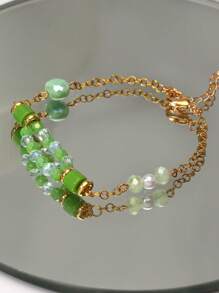 1 pieza Nuevo brazalete asimétrico de piedra natural, brazalete de cadena de cereza y vidrio para mujeres