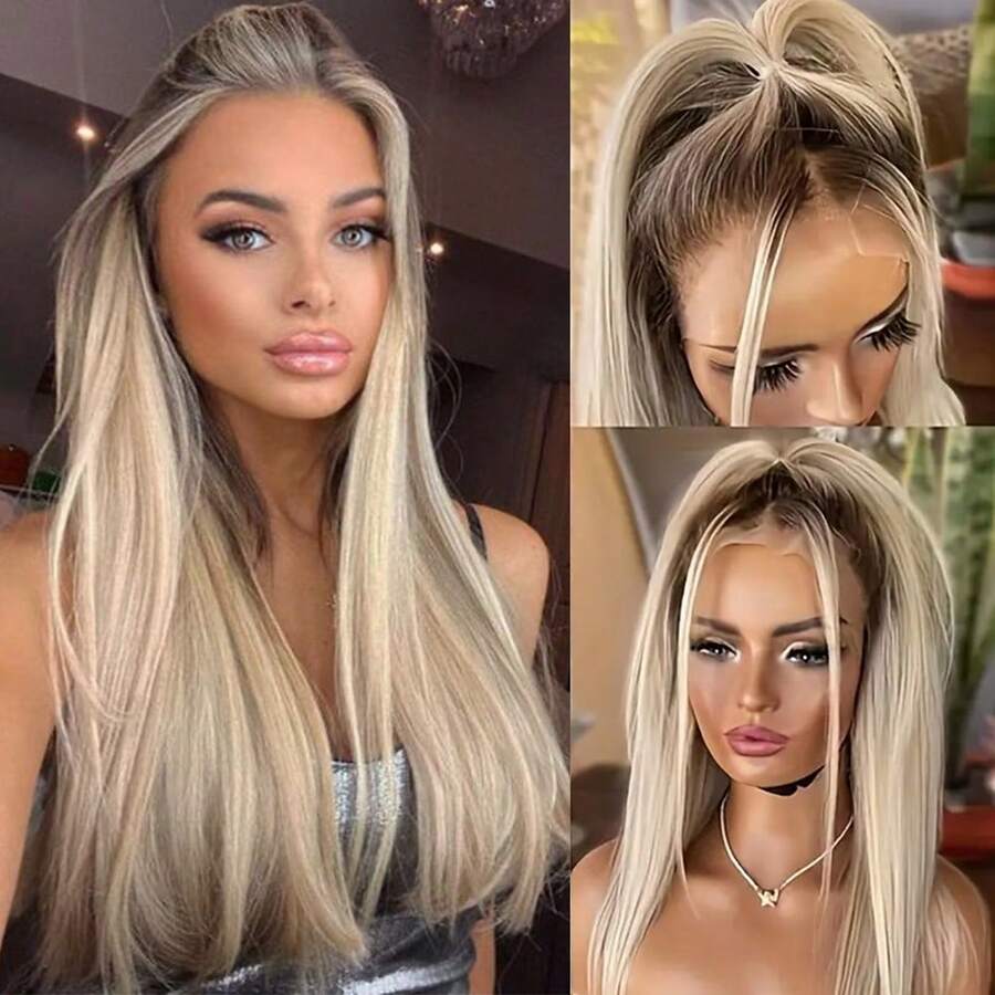 13X6 Platinum White Synthetic Lace Front Wigs 28 Inch Pre Plucked Long Straight Hair Wigs Glueless White Wigs Heat Resistant Fiber Hair Natural Halloween Wigs Platinum Blonde Lace Front Wigs For Women For Daily Christmas Party Cosplay Use - 漸變金色 - 查看 1
