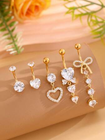 Set de 5 anillos para el ombligo de acero inoxidable con lazo, anillos para el ombligo con cristal en forma de corazón, color dorado, joyas de perforación sexy para mujeres, para uso diario