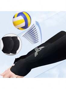 1 set - 1 paire de manchons de bras de volley-ball + 1 paire d'épais manchons de genoux en éponge, manchons de bras avec coussinets et trou pour le pouce pour le service et les frappes, convient au volley-ball, hommes et femmes - noir