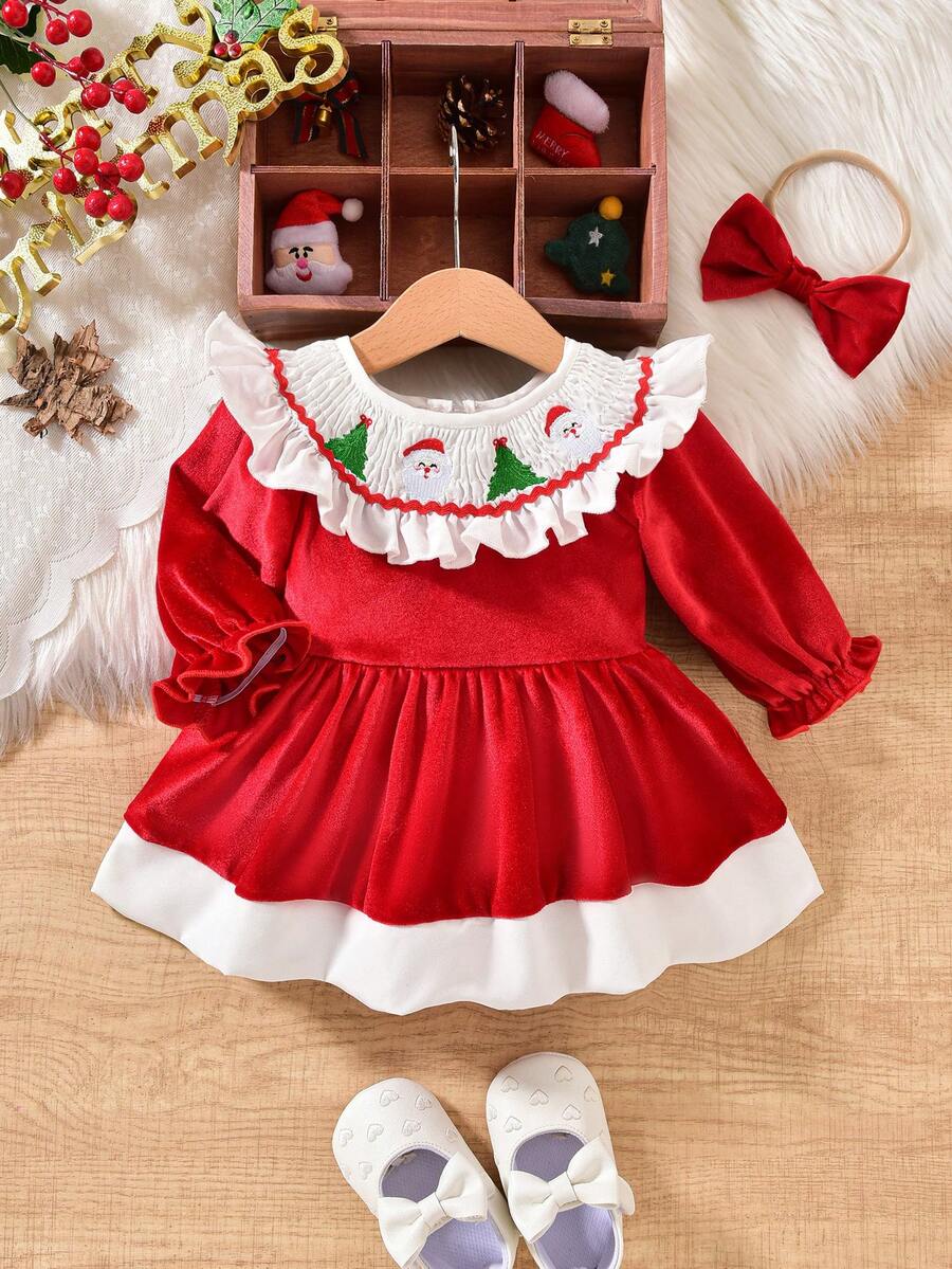 Conjunto de fiesta de Navidad para bebé niña con body de manga larga con bordado y volantes