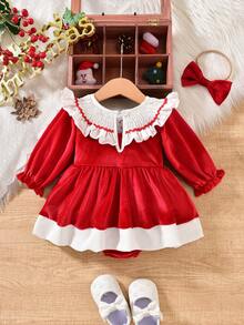 Conjunto de fiesta de Navidad para bebé niña con body de manga larga con bordado y volantes