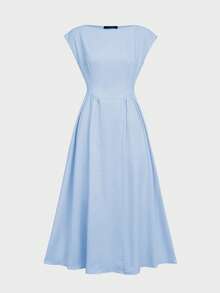 魅力四射的Floreya杏色优雅法式束腰喇叭下摆露背中长连衣裙，适合日常穿着和约会。 - 藍色 - 查看 3