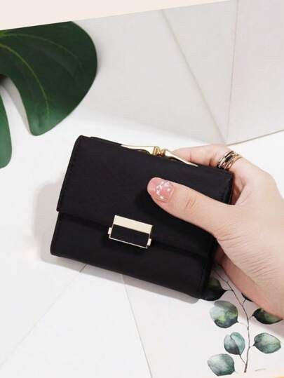 Women's Solid Color Snap Button Compact Wallet Tri-Fold Multi-Function Purse For Women Wallet Mini Wallet Purse Wallet