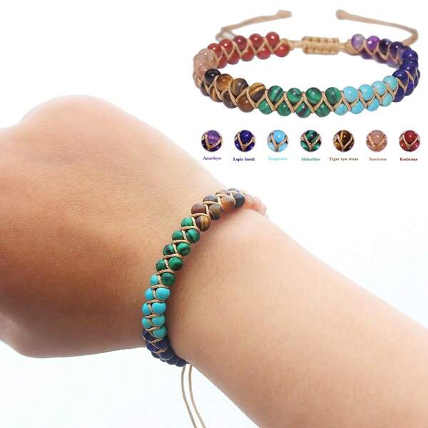 1 pezzo Braccialetto/cavigliera con sette chakra naturali, protezione spirituale, meditazione, yoga, accessorio da donna alla moda, con cristalli naturali intrecciati a mano, regolabile