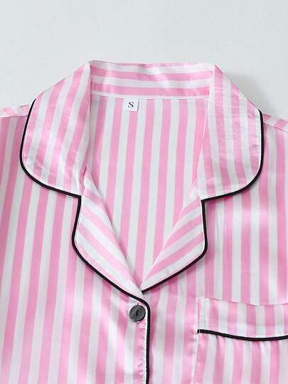 Satijnen Women Pajama Set, Short Sleeve Top, Shorts Pants, Loose Sleepwear Com Tafel Home Outdoor, Roze view 4