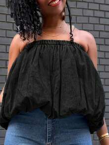 HERTALK Solid Color Casual Elegant Elegant Pleated Edge Asymmetrical/Irregular Backrest,Women Denim Top - 黑色 - 查看 2