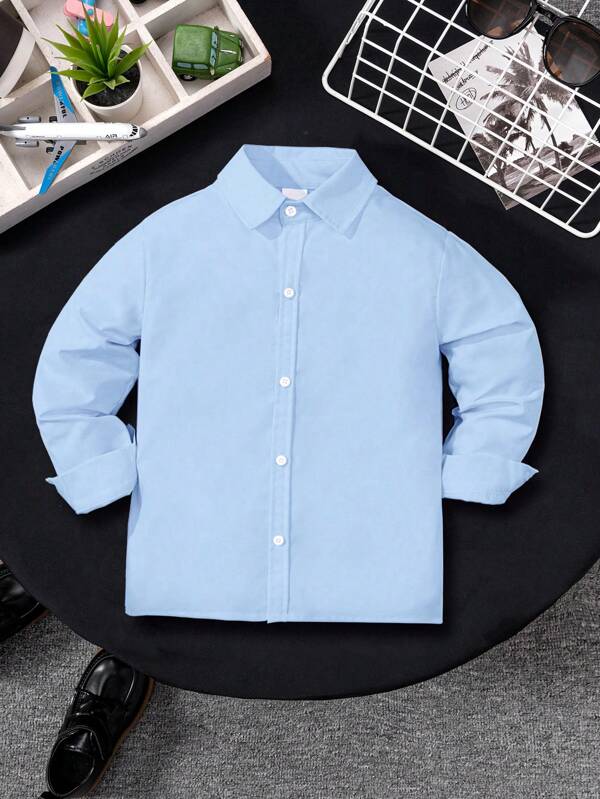 Young BoyClassic School Style Casual Party Ring Bearer Embroidered Patch Light Blue Long Sleeve Formal Shirt