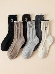 1 Pair/6 Pairs Women Calf Socks With Braided, Bow, Embroidered Patterns, Retro Fashion Versatile Wool Socks, Warm And Windproof, Suitable For Autumn/Winter Daily Wear