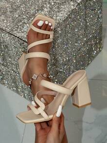 Women's Square Toe High Heel Slides, Square Toe Mules, Chunky Heel Sandals, Apricot Mules, Apricot Sandals, Elegant Leather Sandals, Vacation Style Sandals, Wide Foot Chunky Heel Sandals, Beige Sandals, Party High Heel Sandals, Summer Thick Heel Sandals, Wide Foot Chunky Heel Sandals - Apricot - View 2