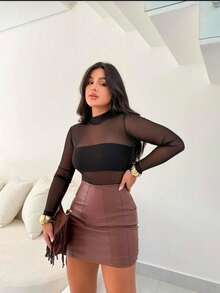 Body feminino curto com gola alta manga longa transparente de Tule elegante festas sensual moda inverno sofisticado basico casual dia dia para balada e praia confortável 2025 moda blogueirinha - Preto - Visão 1
