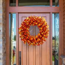 Yuejia 1PC Artificial Fall Wreath Autumn Wreaths For Front Door Orange Forsythia Wreath With Berries Fall Foliage For Indoor Outdoor Thanksgiving Day Harvest Festival Home Party Holiday Christmas Halloween Day