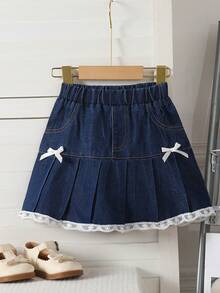 Girls' 2-25Y Cute Bowknot Contrast Ruffle Trim Pleated Denim Mini Skirt, Summer
