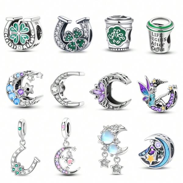 1 Piece 925 Sterling Silver U-Shaped Charm, Horseshoe Four-Leaf Clover Charm, Afternoon Tea Coffee Cup Bead, Coffee Cup Charm, Blue-Purple Sapphire Star And Moon Charm, Lotus Cat Moon Charm, Letter C Heart Charm, Mysterious Purple Series - Starry Night Fairy Charm, Fairy Series .