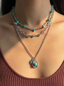 3 piezas de joyas occidentales y campestres con turquesa, collar retro de moda con cactus