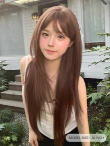alicegarden 1 合成耐热长直发假发，带刘海，棕色长直发，30 英尺长，纤维制成，时尚假发，自然逼真 - 棕色 - 查看 2