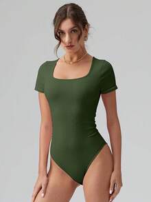 OQQ Women Bodysuits Ruched Short Sleeve Square Neck Stretch Lounge Travel Bodysuits - Army Green - View 4