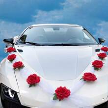 1 Stück elegante weiße/rote/rosa Rosen, 9 Rosen mit Saugnäpfen, 12 Bändchen und 2 Bänder 62.99-Inch lang, geeignet für Hochzeitautos - Blumen Türgriff Quasten Bänder, Braut-Auto Dekoration, romantisches Auto Zubehör, Hochzeitsaccessoires, Hochzeitsauto Deko, Festdekoration, multifunktionale hängende Kunstblumen Wand