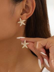 1 paire de boucles d'oreilles à tige avec étoile de mer en faux perle et strass, style classique et européenne et américaine