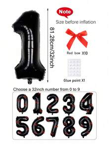 1 个 32 英寸黑色数字铝箔气球和 10 个红色缎带领结，用于生日派对、周年纪念、婚礼、拍照、派对庆祝、毕业典礼、周年纪念、公主生日、情人节、家庭生日派对、新娘送礼会、户外拍摄装饰的装饰气球 - 黑色 - 查看 2