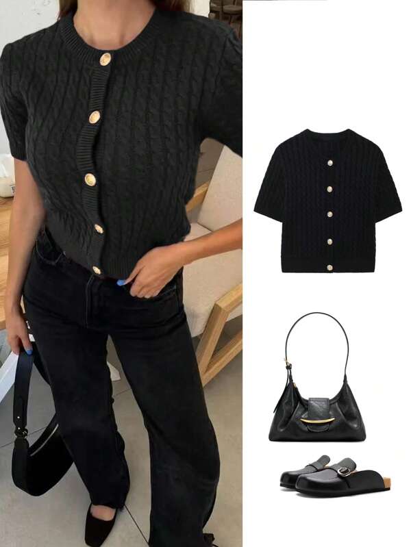 Women Casual Round Neck Short Sleeve Knit Cardigan Sweater, Versatile For Commute & Daily Wear, Spring/Summer