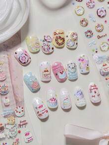 1张生日快乐主题美甲贴纸，蛋糕蜡烛图案，自粘式5D立体卡通贴纸，适合家庭美甲沙龙，女士DIY生日庆祝美甲用品，生日祝福美甲 - 彩色 - 查看 12