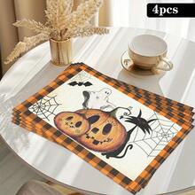 4 pièces Sets de table en lin imprimés d'éléments de citrouille, de diable et de crâne pour Halloween - Sets de table rectangulaires en lin tissé, à utiliser dans le salon, la cuisine, la table de café, la décoration de table de salle à manger