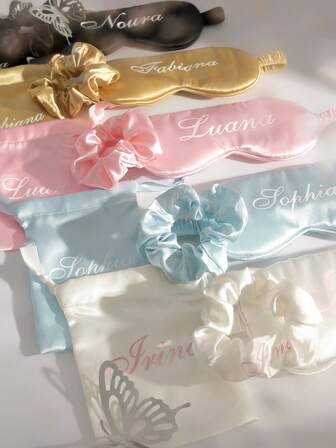 3 st/set personliga ögonmasker för kvinnor, moderiktiga namn, anpassade ögon, hårsnodd och förvaringspåse, bästa brudtärnepresenten, brudtärnegåvan, personlig bröllopsgåva, glansig sidenögonmask och hårsnodd, set med julaccessoarer