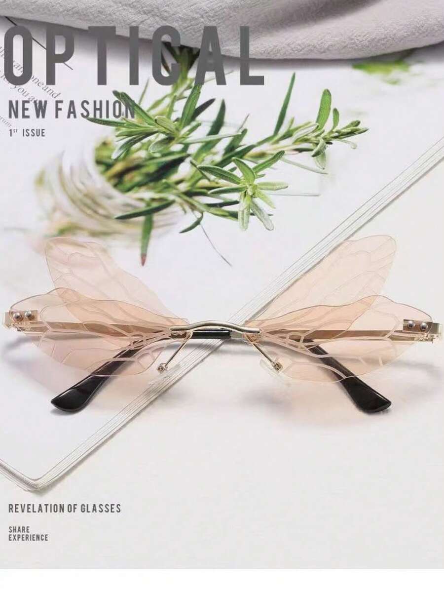 1 pieza Gafas sin montura con cristales de fantasía, diseño sin montura inspirado en alas de libélula, apropiadas para vacaciones, viajes, playa, fiestas