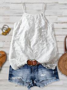 Women's Casual Fashion Polyester Mesh Semi-Transparent Embroidered Adjustable Strap Camisole - White - View 2