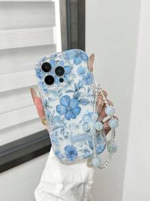 Cream Patterned Wavy Edged Glossy Floral Painted Anti-Drop Phone Case With Handmade Beaded Flower Bracelet Accessories, Compatible With IPhone 16/11/16pro/16plus/16promax/16e/15Promax/13/14/12/XS/XR/7G/8P, Galaxy 11/12Pro/12/12X/13Pro/14Pro/15Pro/, Redmi 10/9/Note9/12c/Note11pro/Note8Pro Waterproof Shockproof Scratch Resistant