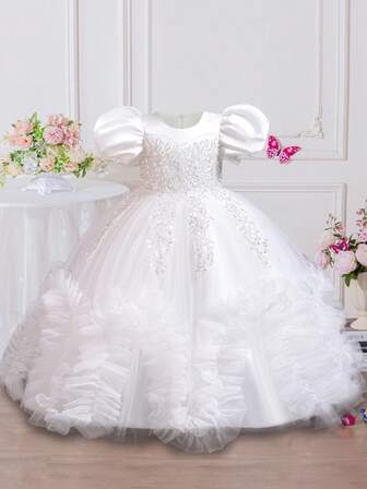 Girls' Mid-Length Dress, Puff Sleeve Summer Children's White Wedding Dress, Sequin Embroidered Sequin Tulle Princess Puffy Skirt, Performance Host Dress